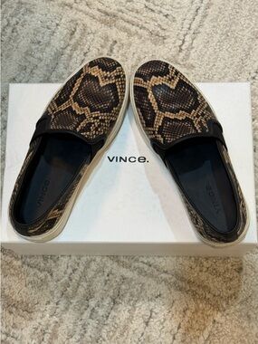 Vince Brown & Black Snake-Print Slip-On Sneakers. Comes with box.
